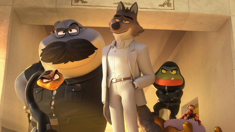 Mr. Snake, Mr. Shark. Mr. Wolf, Mr. Piranha, and Ms. Tarantula posing in The Bad Guys 2