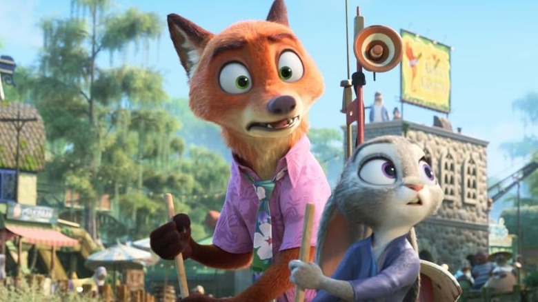 Nick and Judy nervously paddle a boat in Zootopia 2 (2025)