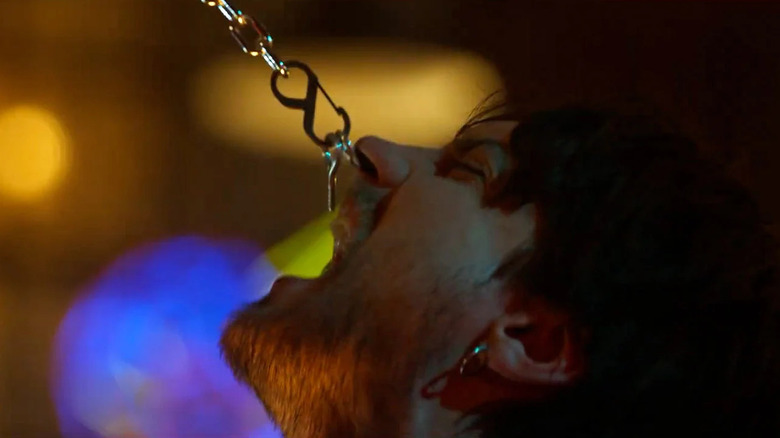 Eric Campbell getting pulled by his nose piercing in Final Destination: Bloodlines