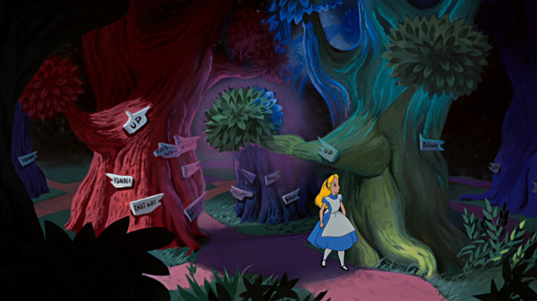 Alice walking through Wonderland in Alice in Wonderland