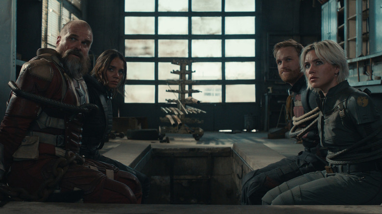 Red Guardian, Ghost, U.S. Agent, and Yelena tied up and glaring off-screen in "Thunderbolts*"