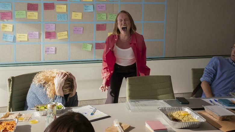 Ava screaming over branzino in the writers room on Hacks