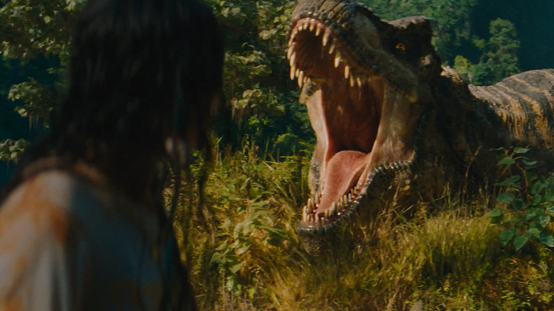 A T-Rex lets out a mighty roar in "Jurassic World Rebirth" (2025)