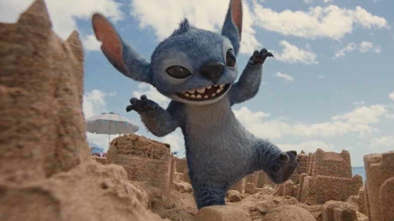 Stitch decimating sand castles in "Lilo and Stitch" (2025)
