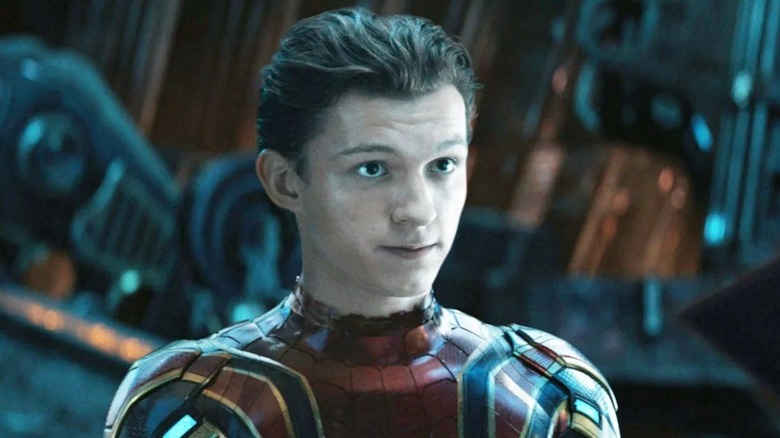 Peter Parker in Spider-Man suit without the mask in "Spider-Man: No Way Home" (2021)
