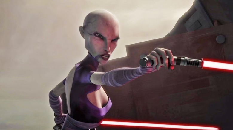 Asajj Ventress holding two lightsabers in "The Clone Wars."
