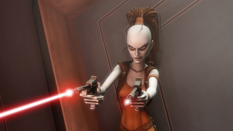 Aurra Sing holding two blasters in "The Clone Wars."