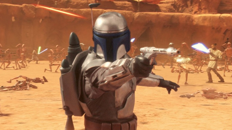Jango Fett pointing his blaster in "Attack of the Clones."