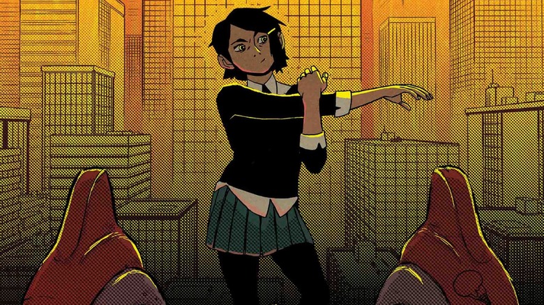 Peni Parker standing atop SP//dr with a cityscape behind them