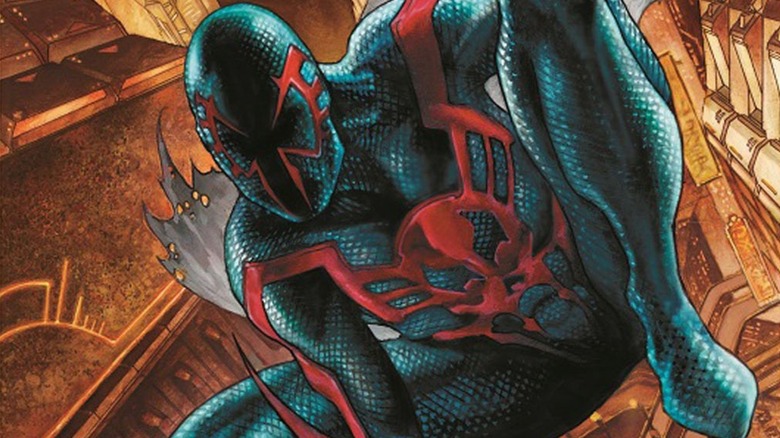 Spider-Man 2099 crouched atop a skyscraper