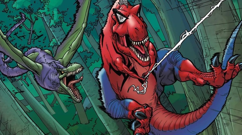 Spider-Rex swinging through a jungle while he's pursued by Norrannosaurman Osboraptor