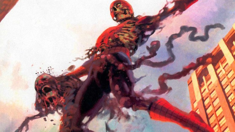 Zombie Spider-Man swinging while holding a criminal