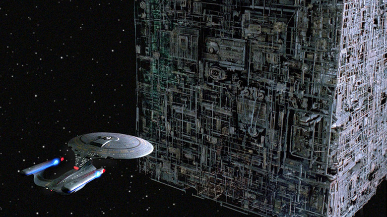 The Enteprise-D confronts a Borg Cube in "Star Trek: The Next Generation" (1987-1994)
