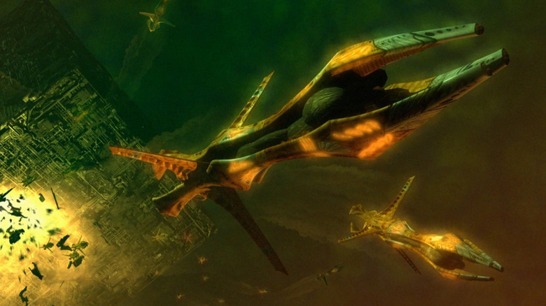 A series of bioships fly away from an exploding Borg Cube in Star Trek Online