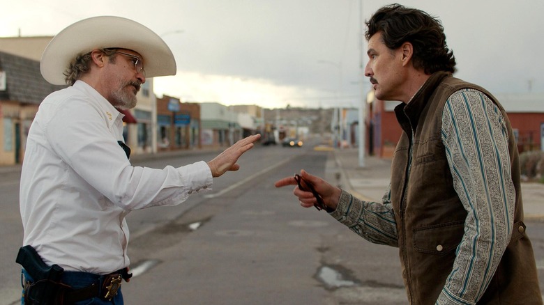 Joe Cross and Ted Garcia getting into an argument in Eddington (2025)