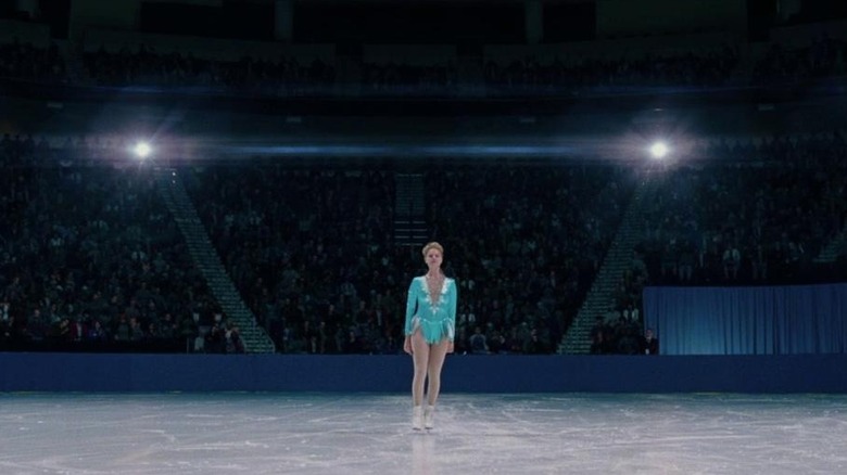 Tonya Harding skating on ice in front of a huge crowd