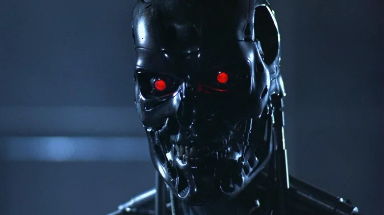 The T-800 without its flesh stares with red eyes in "The Terminator" (1984)