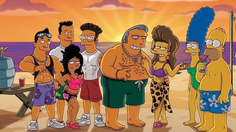 Fat Tony backlight by the sun and flanked by Jersey Shore parodies on The Simpsons (2011)