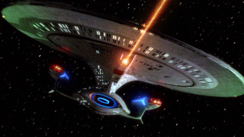 The Enterprise-D future variant fires a phaser in Star Trek: The Next Generation