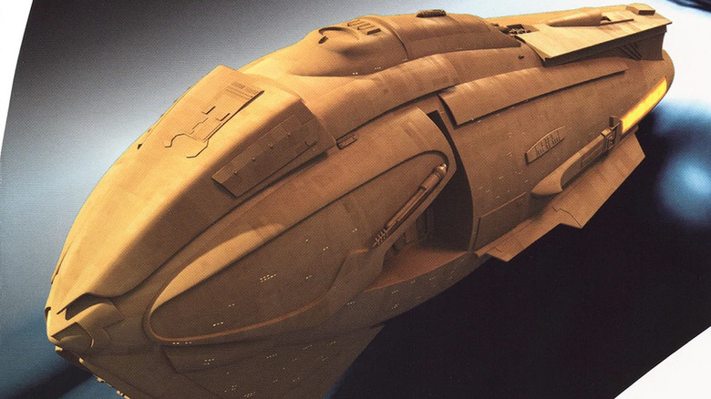 The Kazon warship flies through space