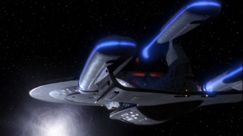 The future USS Enterprise-D approaches a space anamoly in Star Trek: The Next Generation