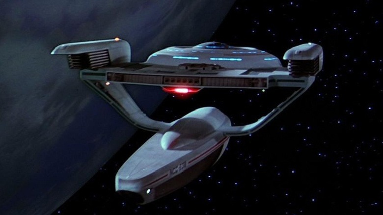 An aft view of the USS Grissom in space in Star Trek III: The Search for Spock