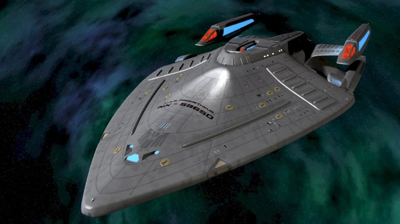 The USS Prometheus flies through a nebula