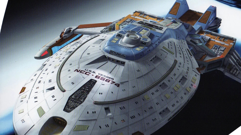 The USS Yeager flies through space