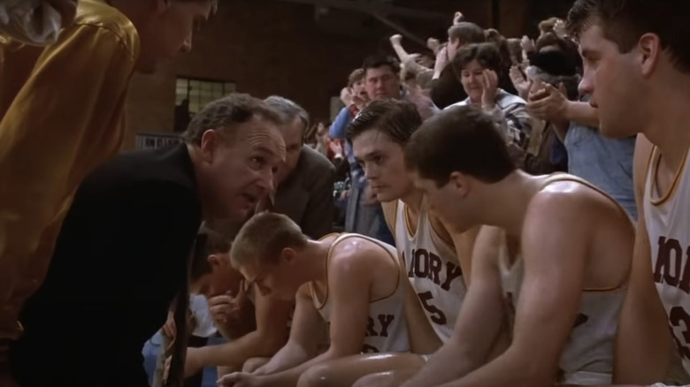 Coach Dale (Gene Hackman) gives the team a pep talk in Hoosiers