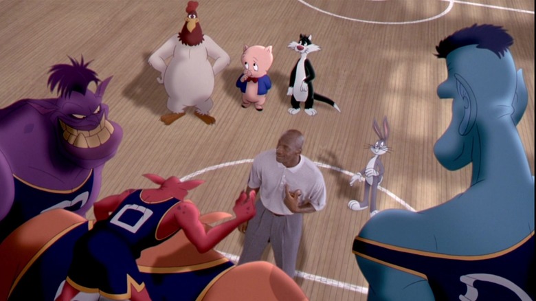 Michael Jordan and the Looney Tunes on the court in Space Jam