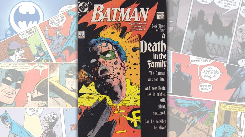 The cover of "A Death in the Family" over a collage of Batman comics