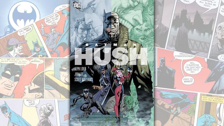 The cover of "Batman: Hush" over a collage of Batman comics