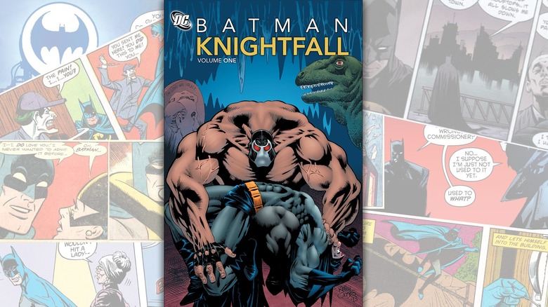 The cover of "Batman: Knightfall" over a collage of Batman comics