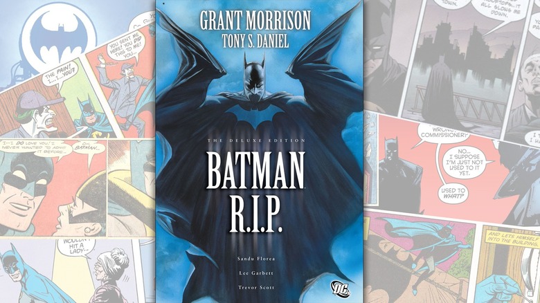 The cover of "Batman: R.I.P." over a collage of Batman comics