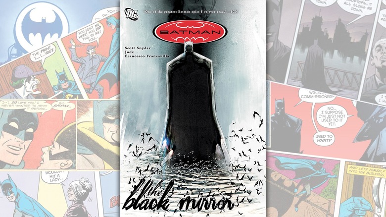 The cover of "Batman: The Black Mirror" over a collage of Batman comics