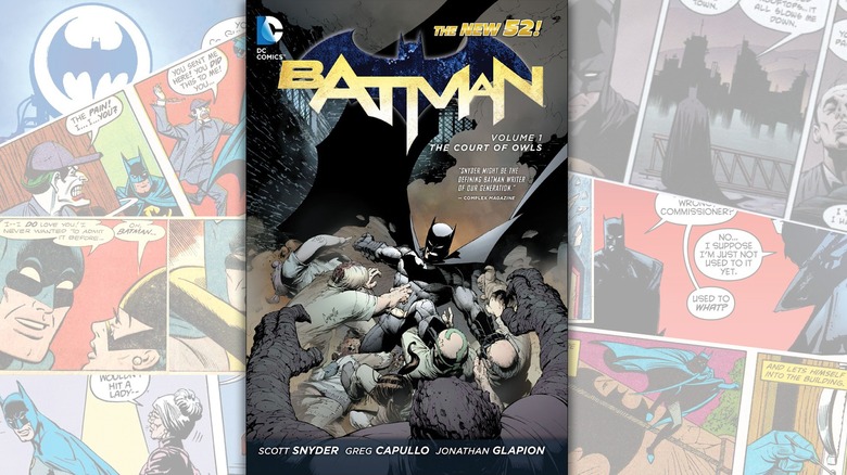 The cover of "Batman: The Court of Owls" over a collage of Batman comics