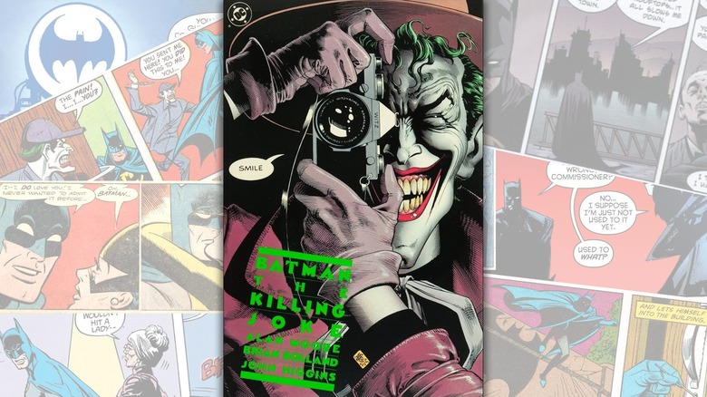 The cover of "Batman: The Killing Joke" over a collage of Batman comics