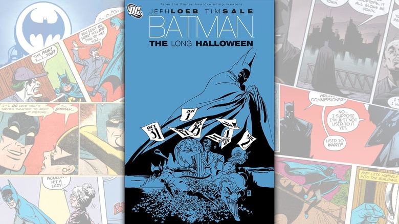 The cover of "Batman: The Long Halloween" over a collage of Batman comics