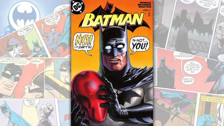 The cover of "Batman: Under the Hood" over a collage of Batman comics