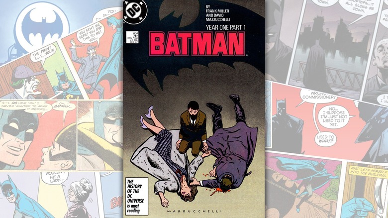 The cover of "Batman: Year One" over a collage of Batman comics