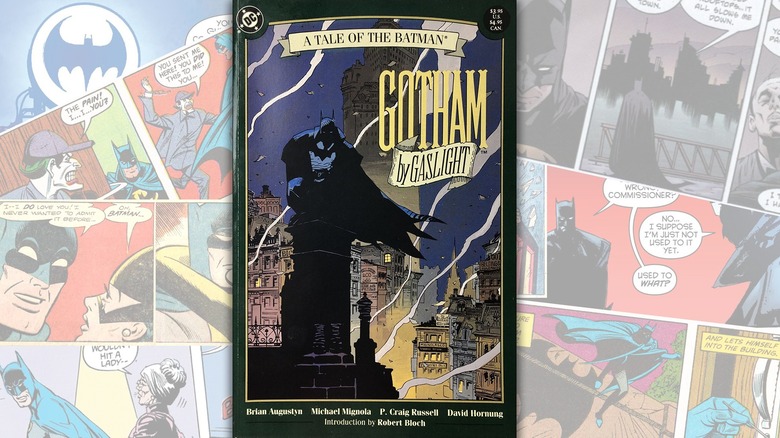 The cover of "Gotham by Gaslight" over a collage of Batman comics