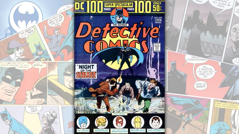 The cover of "Night of the Stalker" over a collage of Batman comics