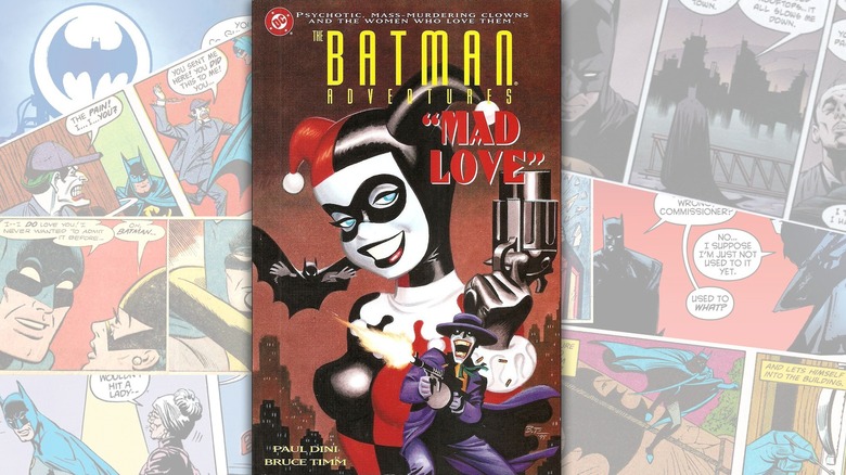 The cover of "The Batman Adventures: Mad Love" over a collage of Batman comics