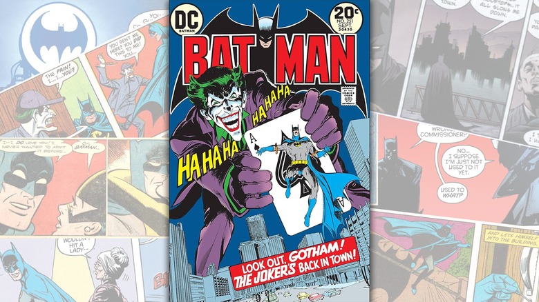 The cover of "The Joker's Five-Way Revenge" over a collage of Batman comics