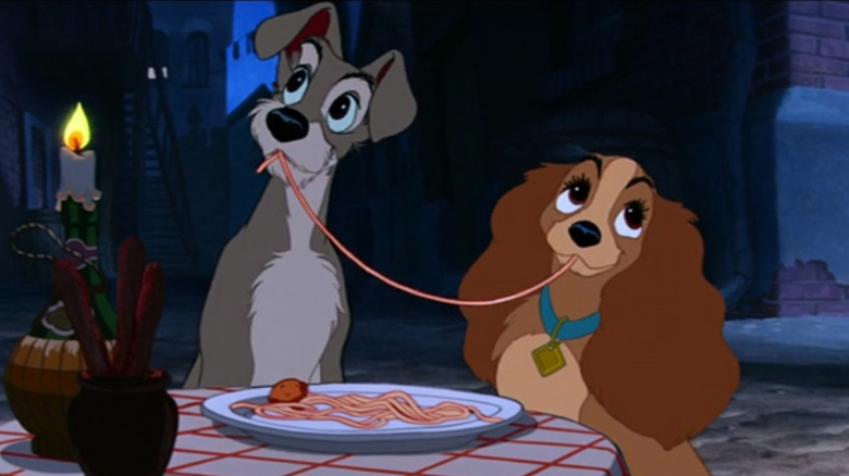 Tramp and Lady eating spaghetti in "Lady and the Tramp"