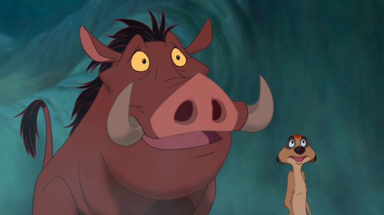 Pumbaa and Timon with looks of confusion in "The Lion King"