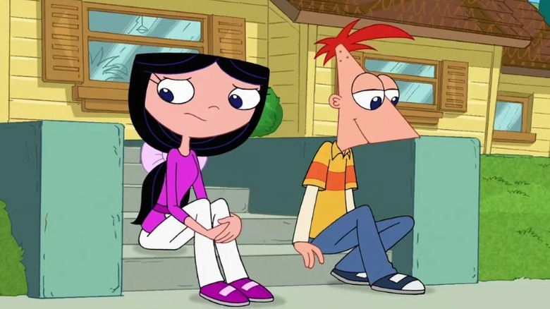 Teenage Isabella and Phineas sitting on a stoop with awkward expressions in Phineas and Ferb