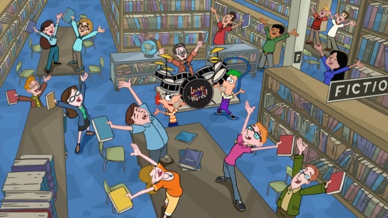 Phineas, Ferb, Sherman, and library patrons singing together in Phineas and Ferb