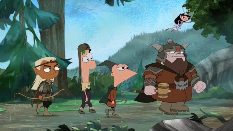 Baljeetolas, Ferbalot, Phineas, Bufavulous, and Isabel walking through a rainy forest