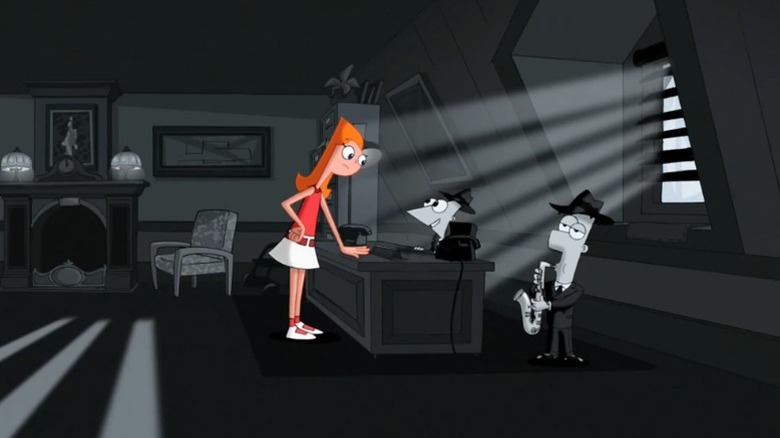 A fully-colored Candace standing in the black-and-white detective office of Phineas and Ferb